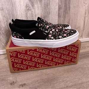 Vans Asher Dark Floral Slip On Canvas Shoes Girls Youth 4 Black Spring Sneakers